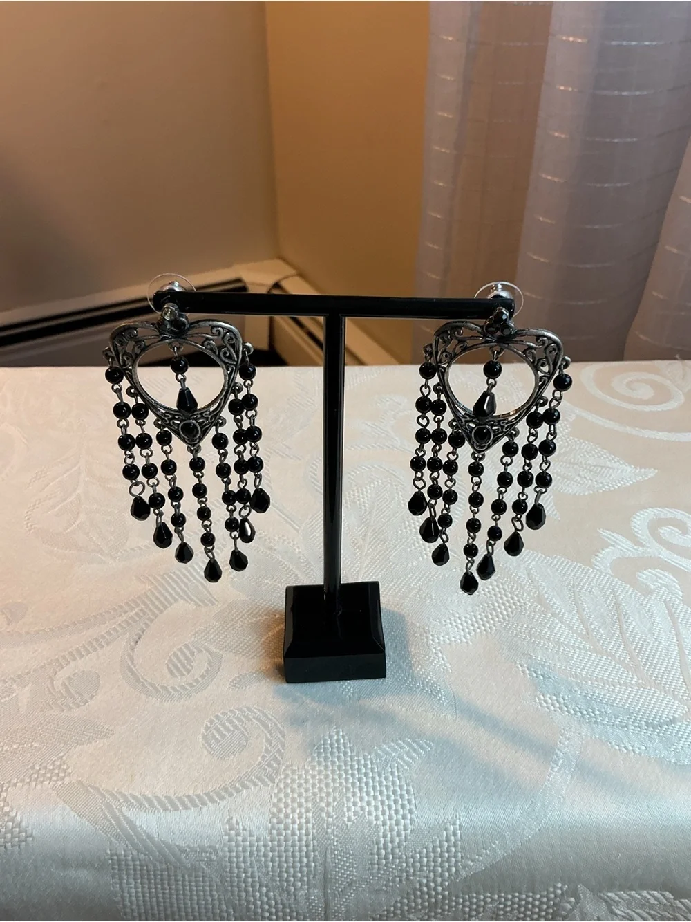 Black Glass Multi-Strand Silver Tone Statement Necklace and Earrings Set